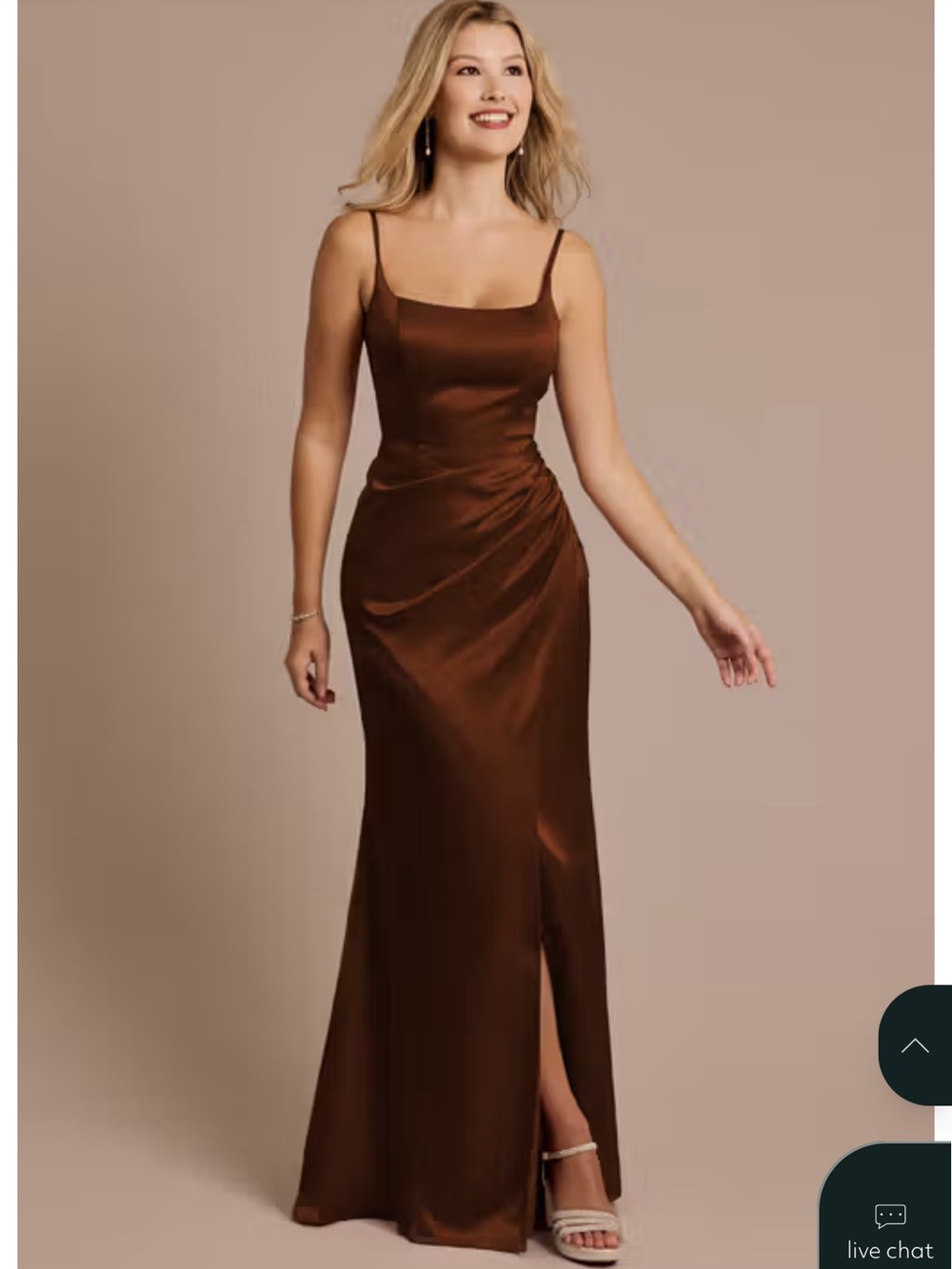 David's Bridal Brown Satin Maxi Dress with Side Ruche